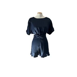 Zara Basic Navy Blue Satin Open Back Romper Lace Shoulder Ruffle Hem Medium